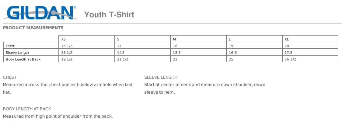 Gildan Short Sleeve Youth T Shirt Size Chart